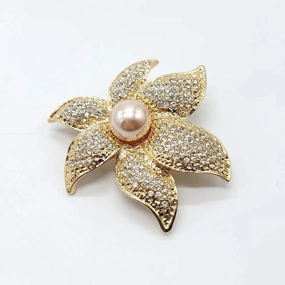 Clear rhinestone faux pearl gold tone flower